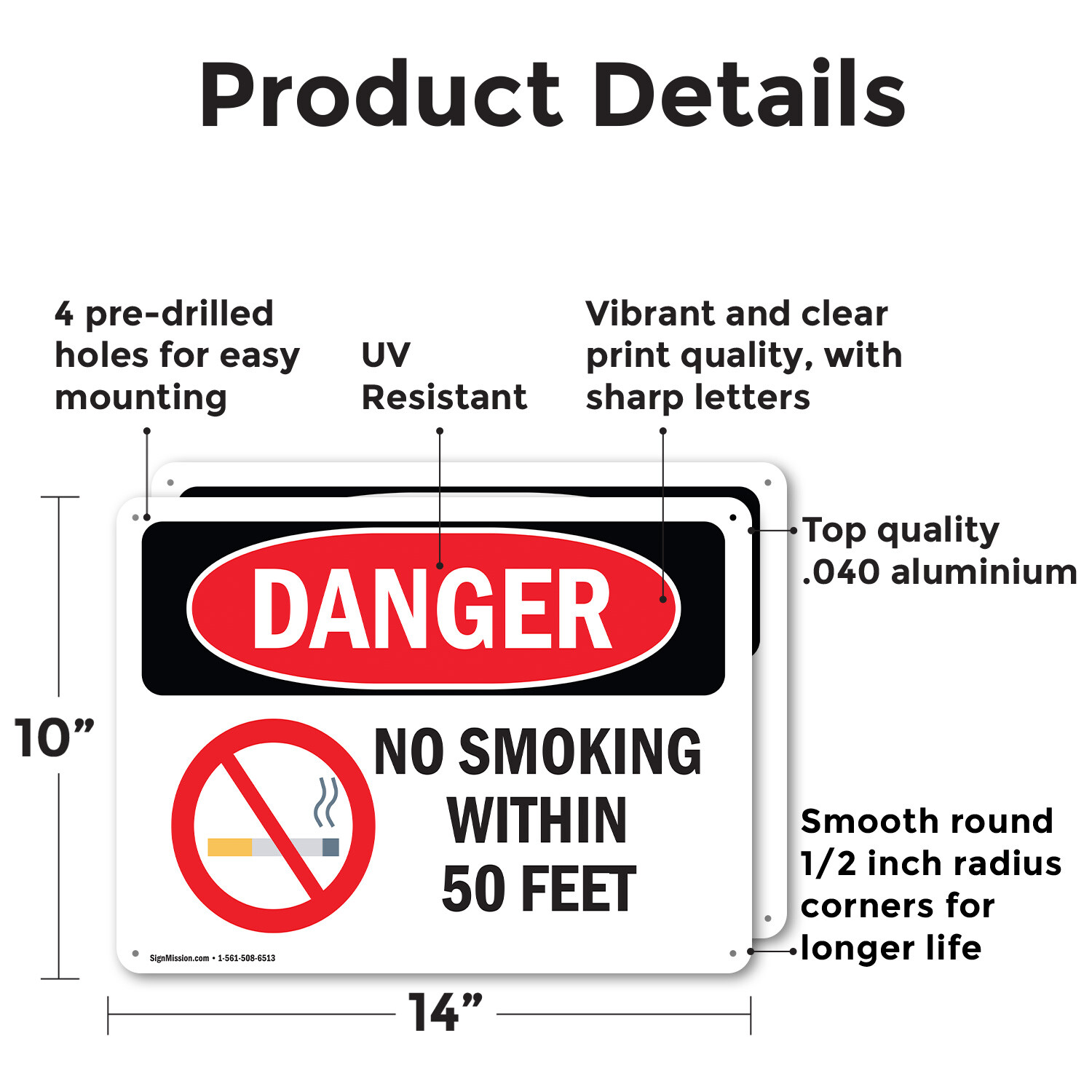 (2 Pack) No Smoking Within 50 Feet OSHA Danger Sign Decal Metal Plastic