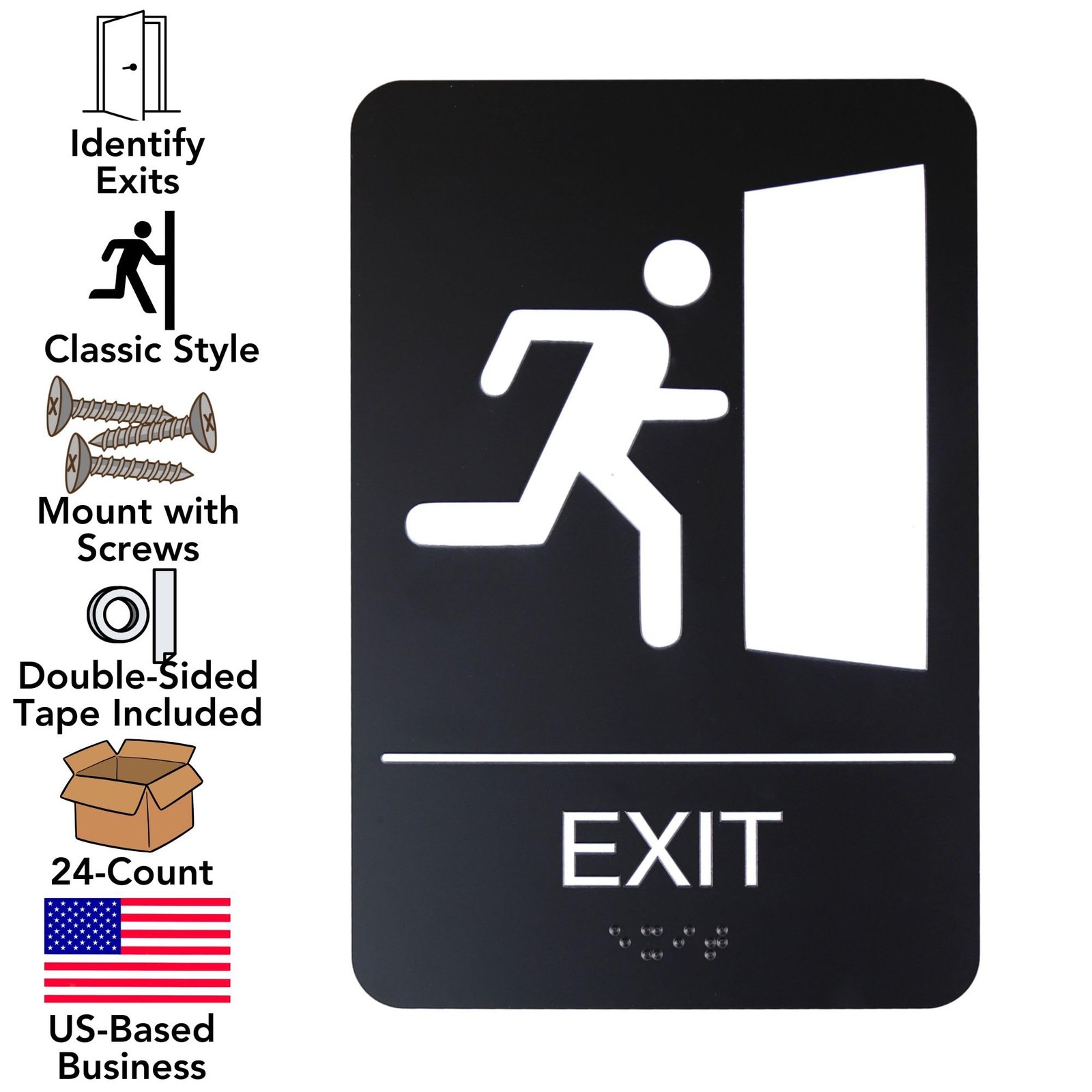 6×9 Inch Exit Door Sign Black ADA Compliant Braille Lettering High Visibility