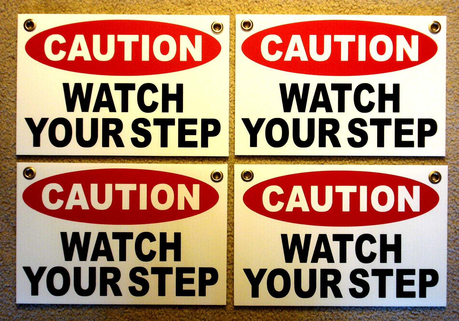 (4) CAUTION WATCH YOUR STEP Coroplast SIGNS with Grommets 8&Prime;x12&Prime; white