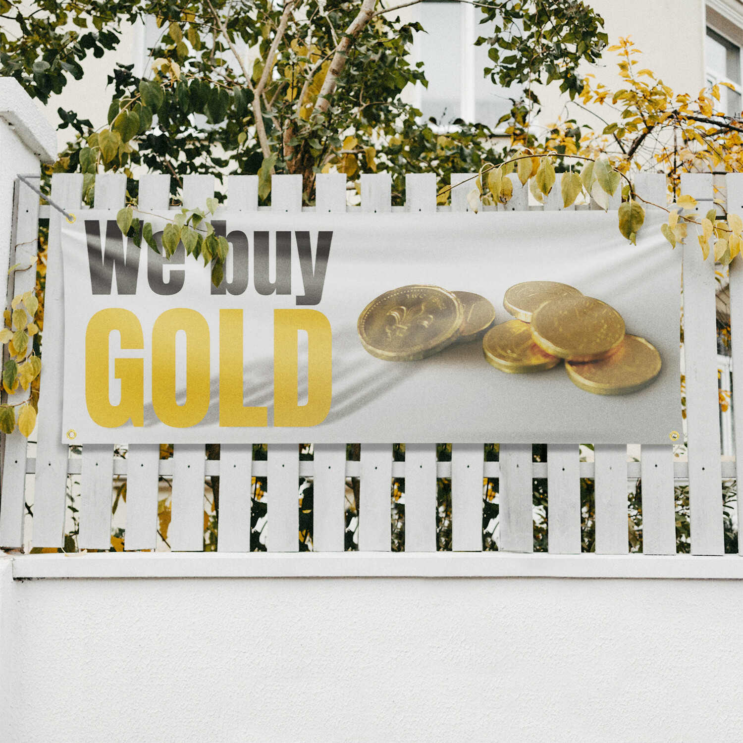 We Buy Gold 13 oz Vinyl Banner Sign with Metal Grommets Heavy-Duty Single-Sided