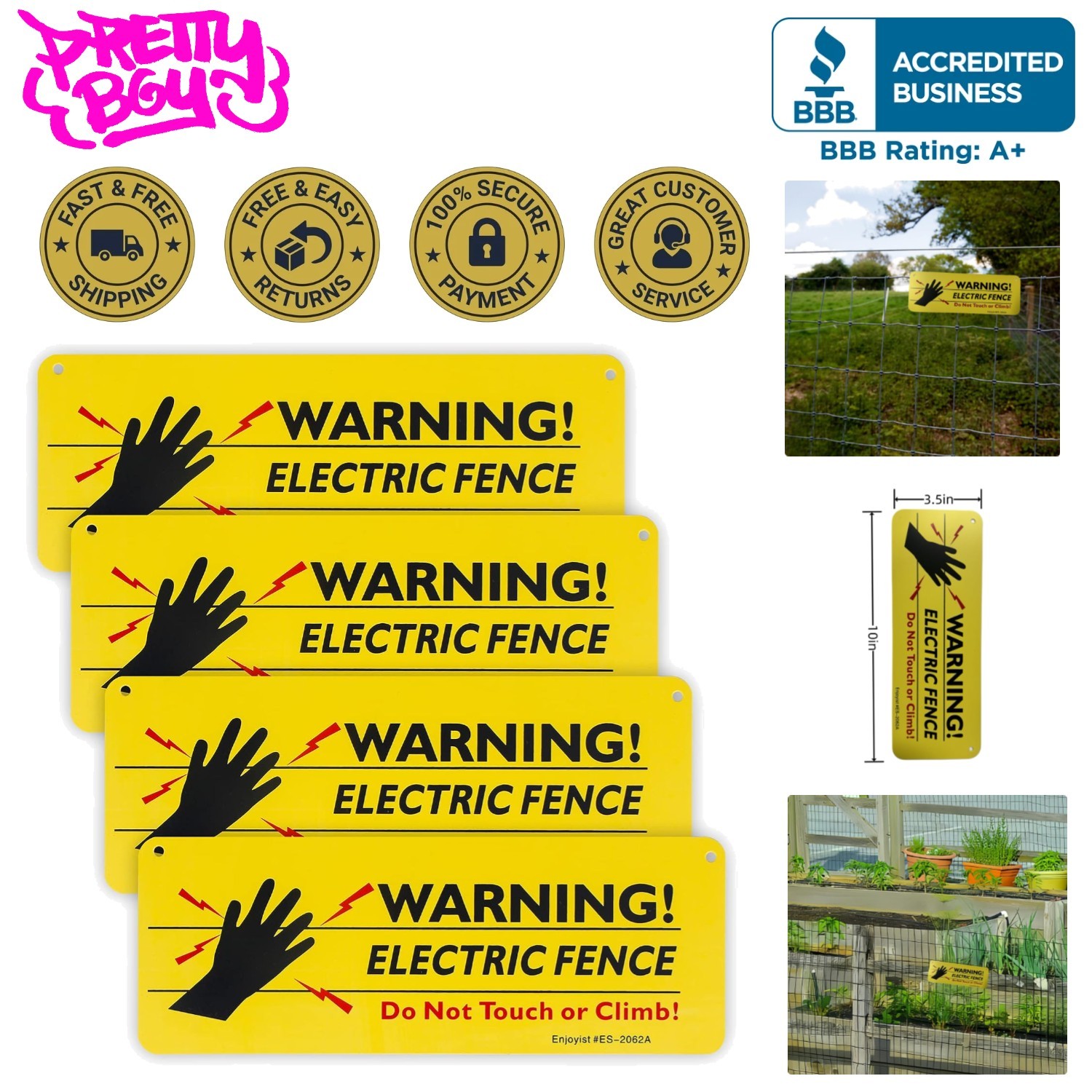 4-Pack Warning Electric Fence Safe Sign, 10&Prime;x 3.5&Prime; Plastic Sign