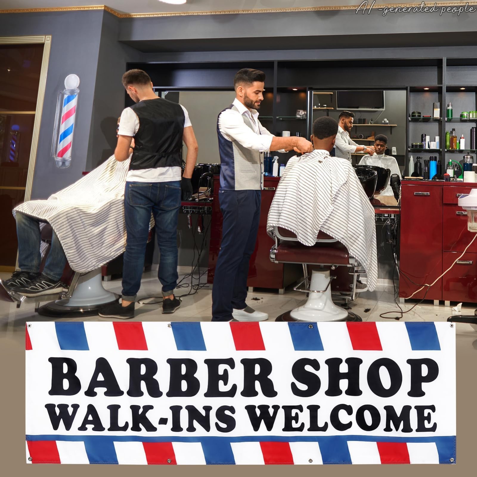 Large 2×6 ft Barber Shop Banner – Walk-Ins Welcome, Durable Polyester Sign with