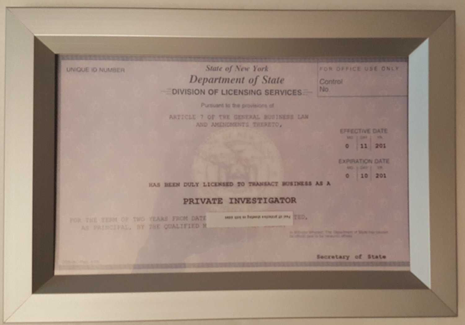 LICENSE FRAME 8.5X5.5 NYC ( Heavy Duty – Aluminum)-REF24-1027