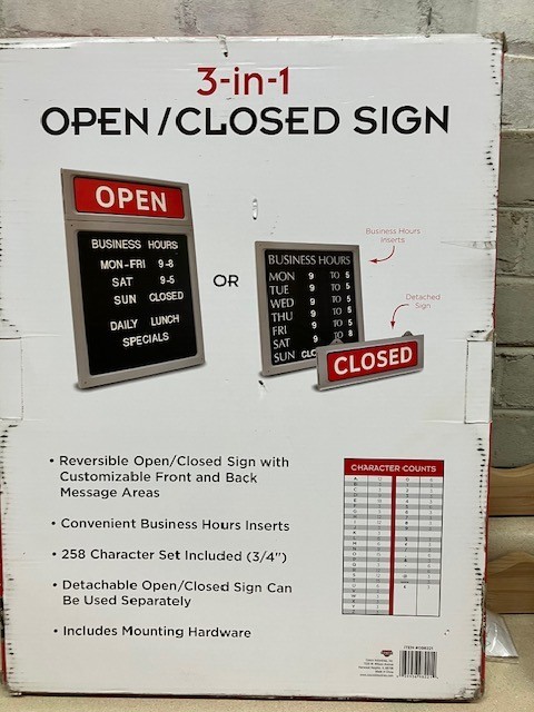 Open Close for Business Sign, 3 in 1, Cosco, 3/4 inch changeable characters
