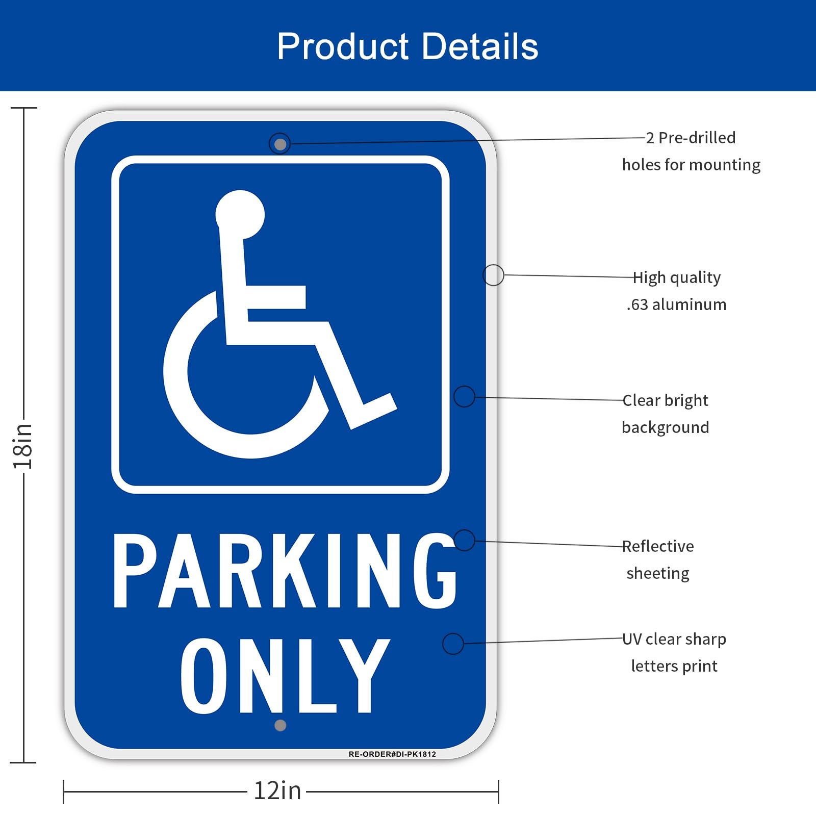 4 Pack Handicap Parking Only Signs, 12&Prime; x 18&Prime; Heavy-Duty Aluminum Handicapped…