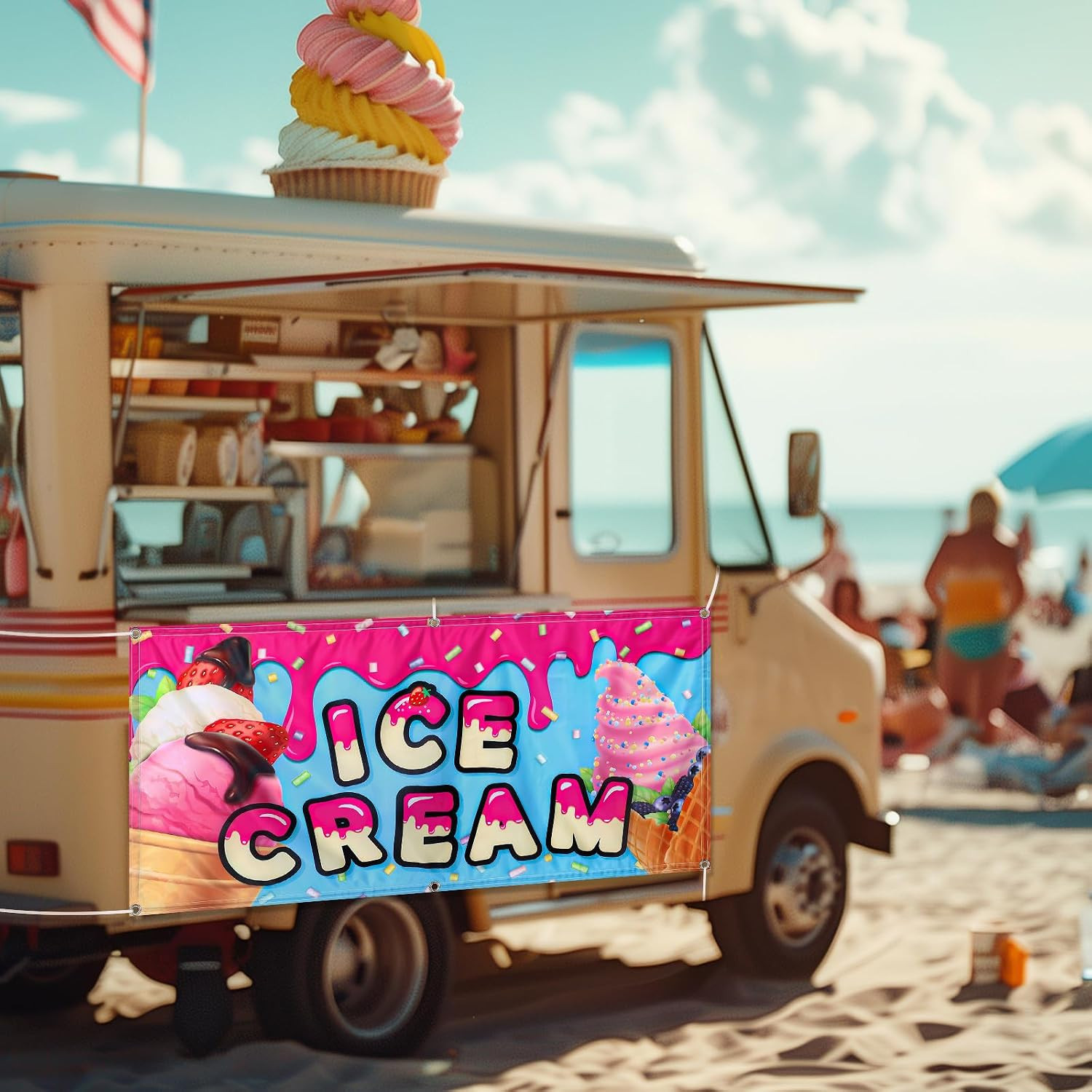 2X4 Feet Ice Cream Banner Sign Polyester Fabric Ice Cream Feather Flag for Summe