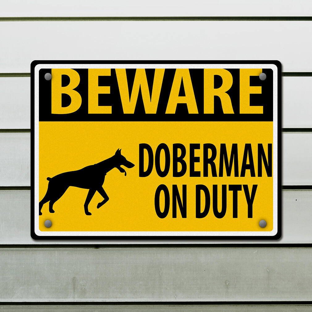 Horizontal Metal Sign Beware Doberman on Duty Weatherproof Street Signage