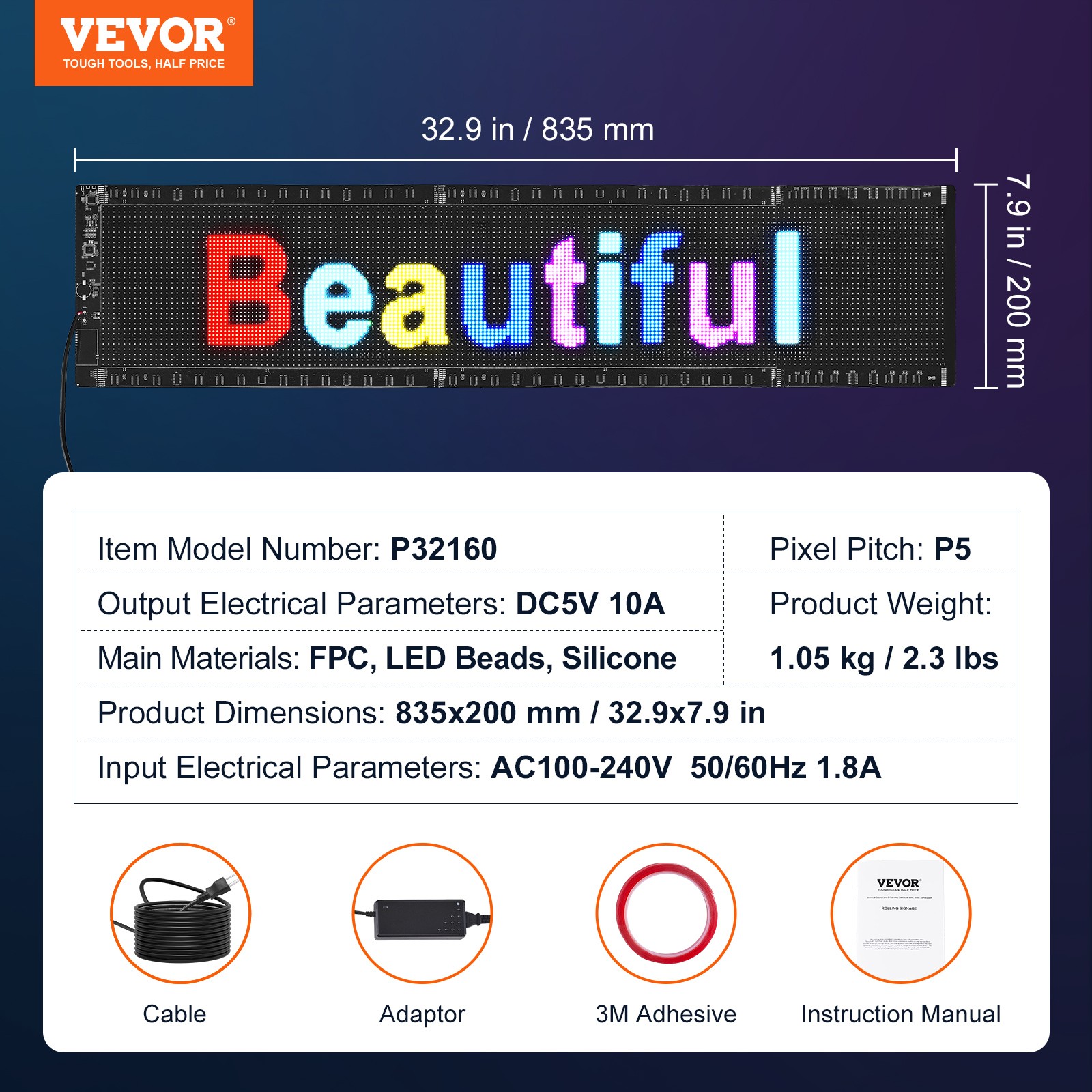 VEVOR 32.9&Prime;x8&Prime; Programmable LED Sign Scrolling Display Board P5 Full Color