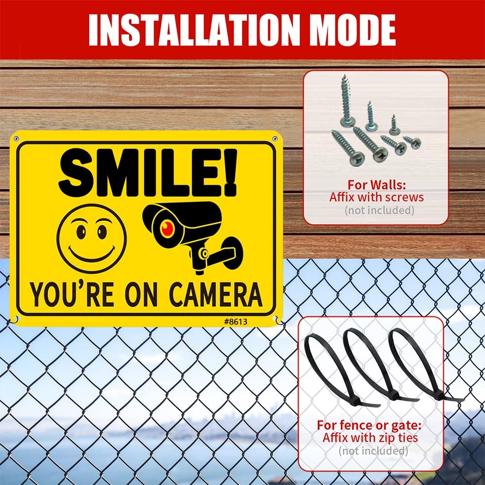 2 Pack Smile Youre On Camera Security Signs 10 x 7 Inch Rust Free Aluminum UV