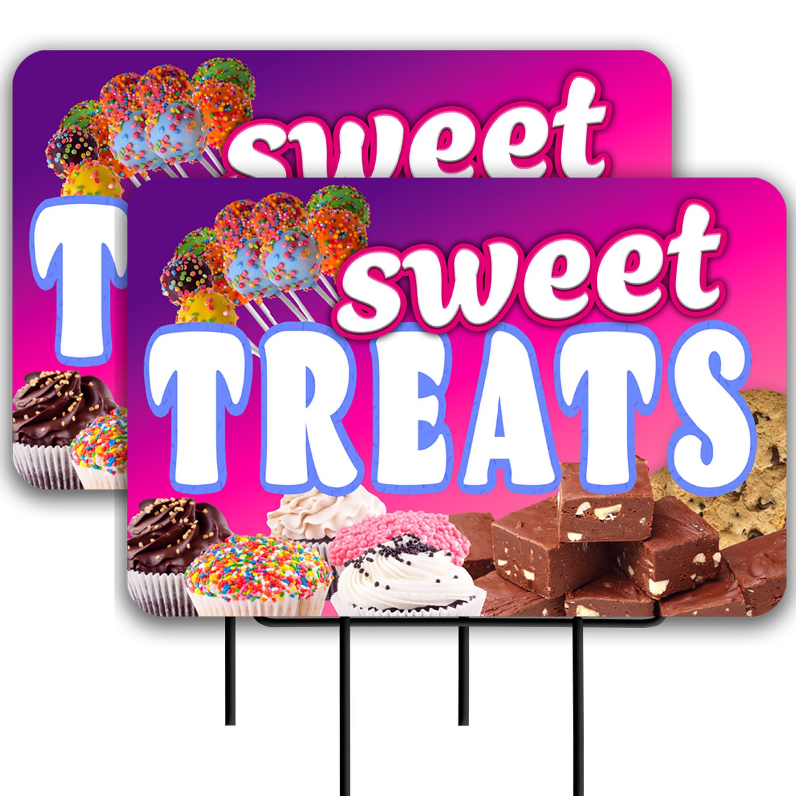 Sweet Treats 2 Pack Double-Sided Yard Signs 16&Prime; x 24&Prime; with Metal Stakes (Made in