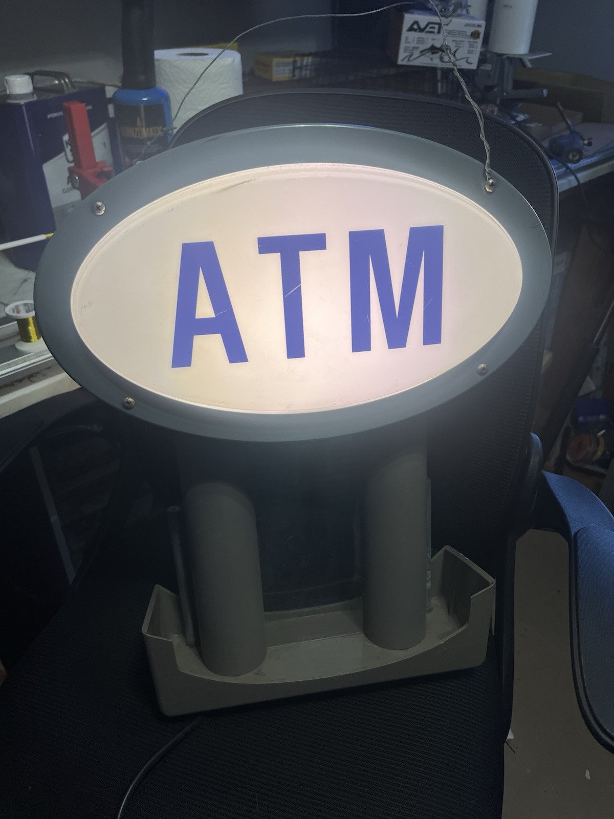 ATM Illuminated Electric Hanging Plastic Sign 15&Prime; x 19&Prime; White Gray Blue Frame