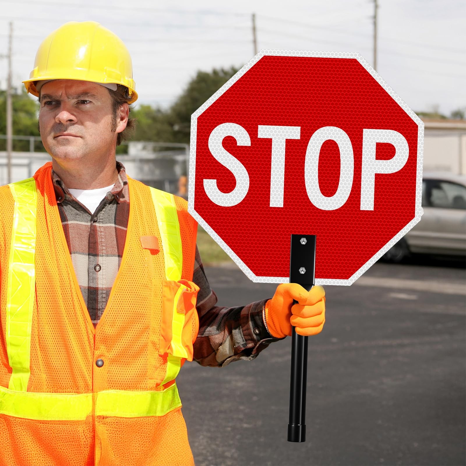 13×13 Inch Double Sided Stop/Slow Traffic Sign Aluminum Reflective With Handle