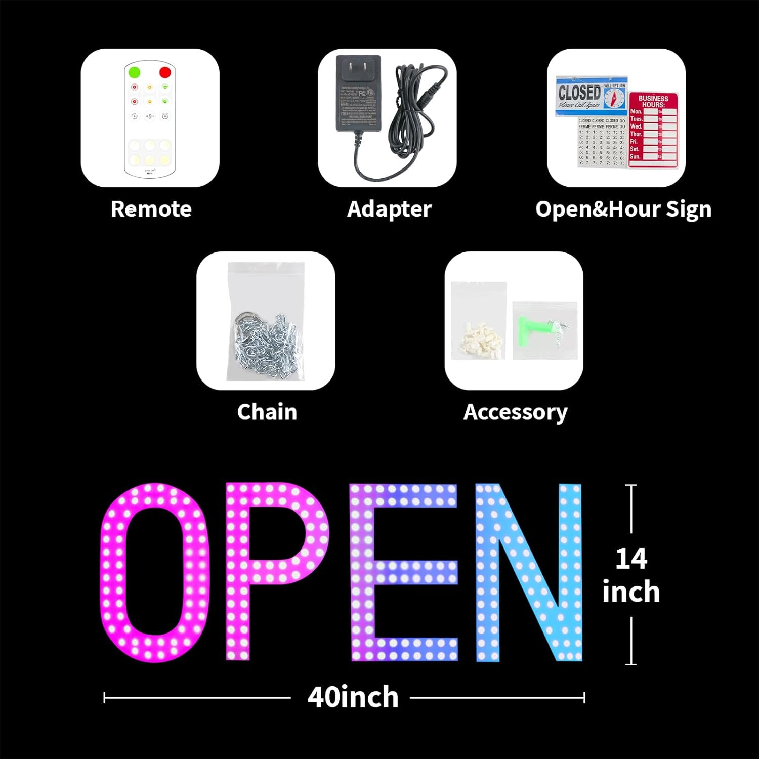 Super Bright Multi-Color LED Open Sign for Stores & Restaurants – 40&Prime; x 14