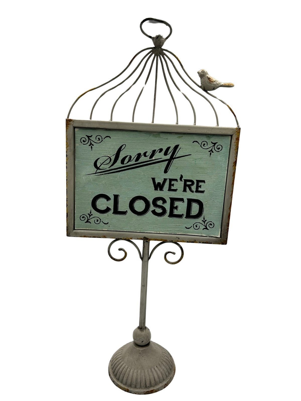 Open Closed Vintage Tabletop Heavy Metal Sign w Bird Cage Topped Retail Boutique