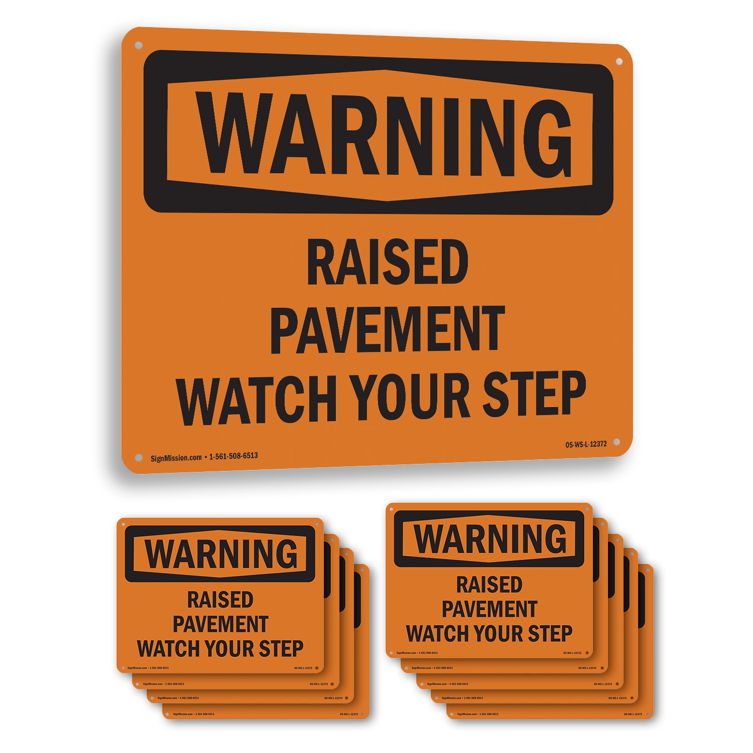 Raised Pavement Watch Your Step OSHA WARNING Sign Metal, Decal – 5 or 10 Pack