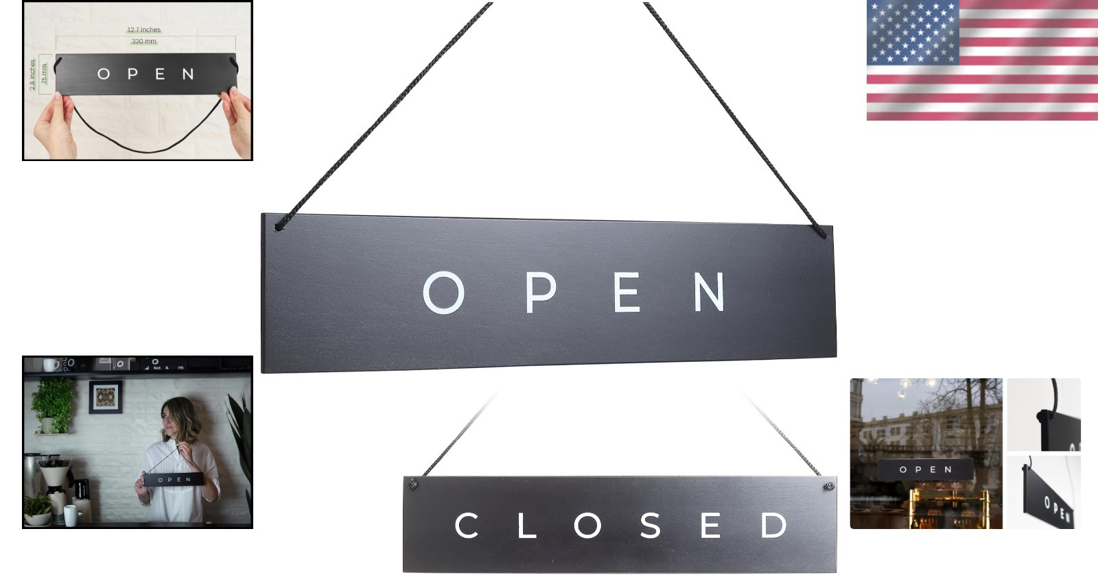 Stylish Black Wooden Open Closed Sign – Double-Sided Design