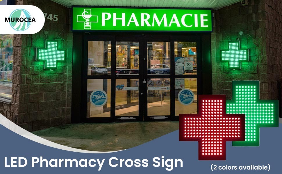 LED Med Cross Sign – 14 Inch Green Lighted Pharmacy & Clinic Business Sign