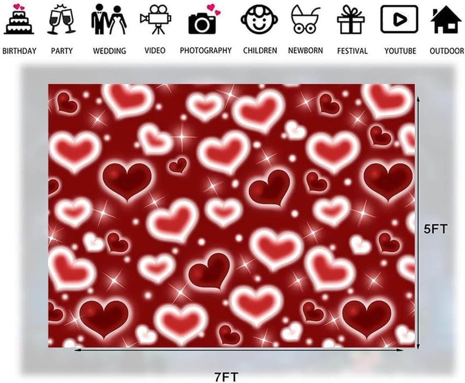 7×5ft Red Heart Backdrop Valentine’s Day Photography Background Roman