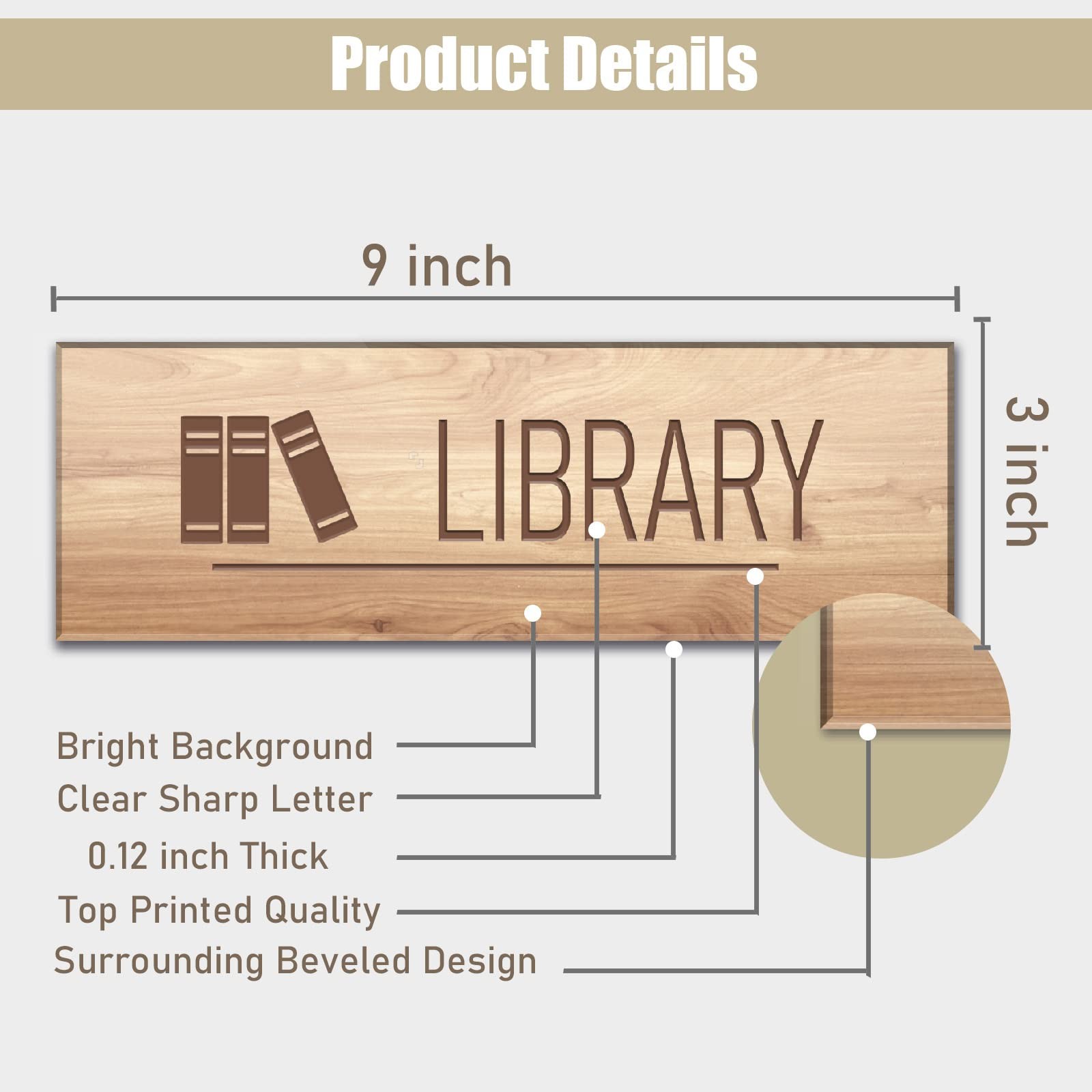 Wood Grain 9×3 Inch Library Sign Acrylic Self Stick Door Wall Signage Decor