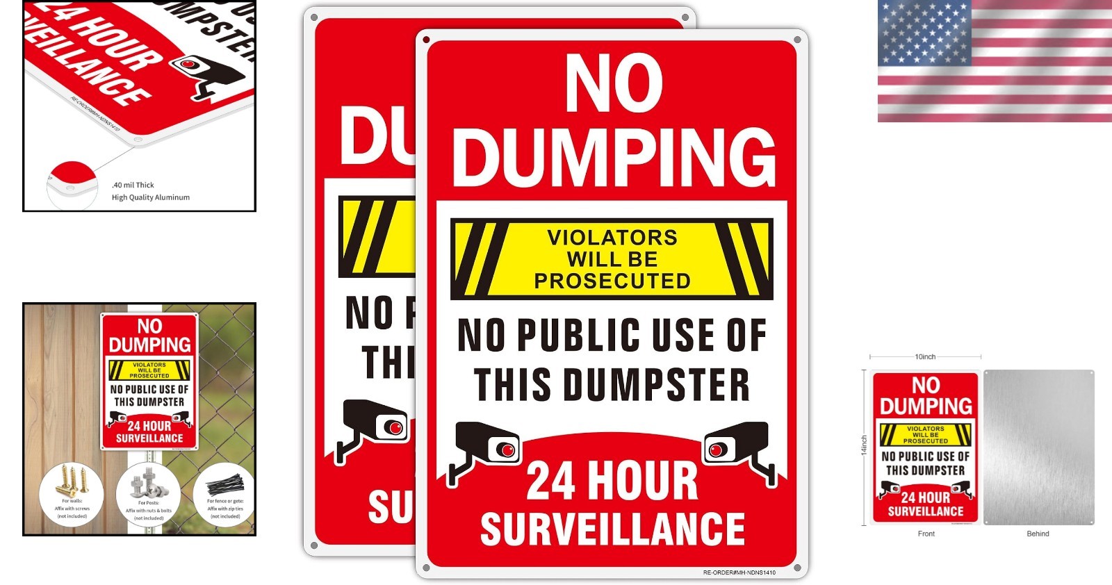 No Dumping Signs 14×10 Inch Aluminum Reflective Surveillance 2 Pack Weatherproof