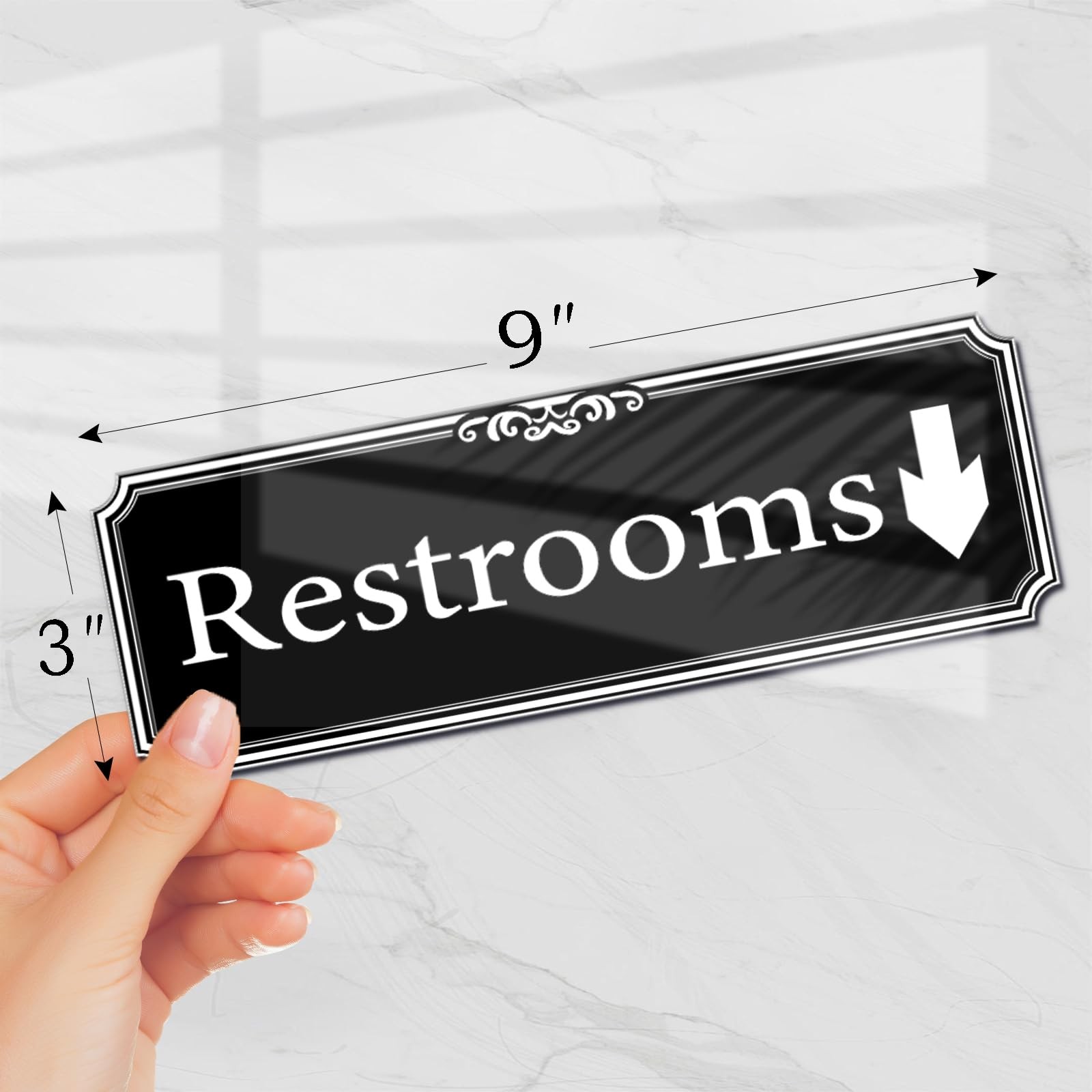9×3 Inch Down Arrow Restroom Sign Self Adhesive Door Wall Office Plaque Black