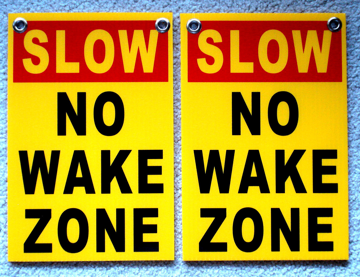 (2) SLOW – NO WAKE ZONE 8&Prime; x12&Prime; Plastic Coroplast Signs with Grommets yellow