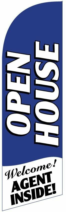 30&Prime;x78&Prime; Swooper Bow Flag OPEN HOUSE Welcome Agent Inside Blue White