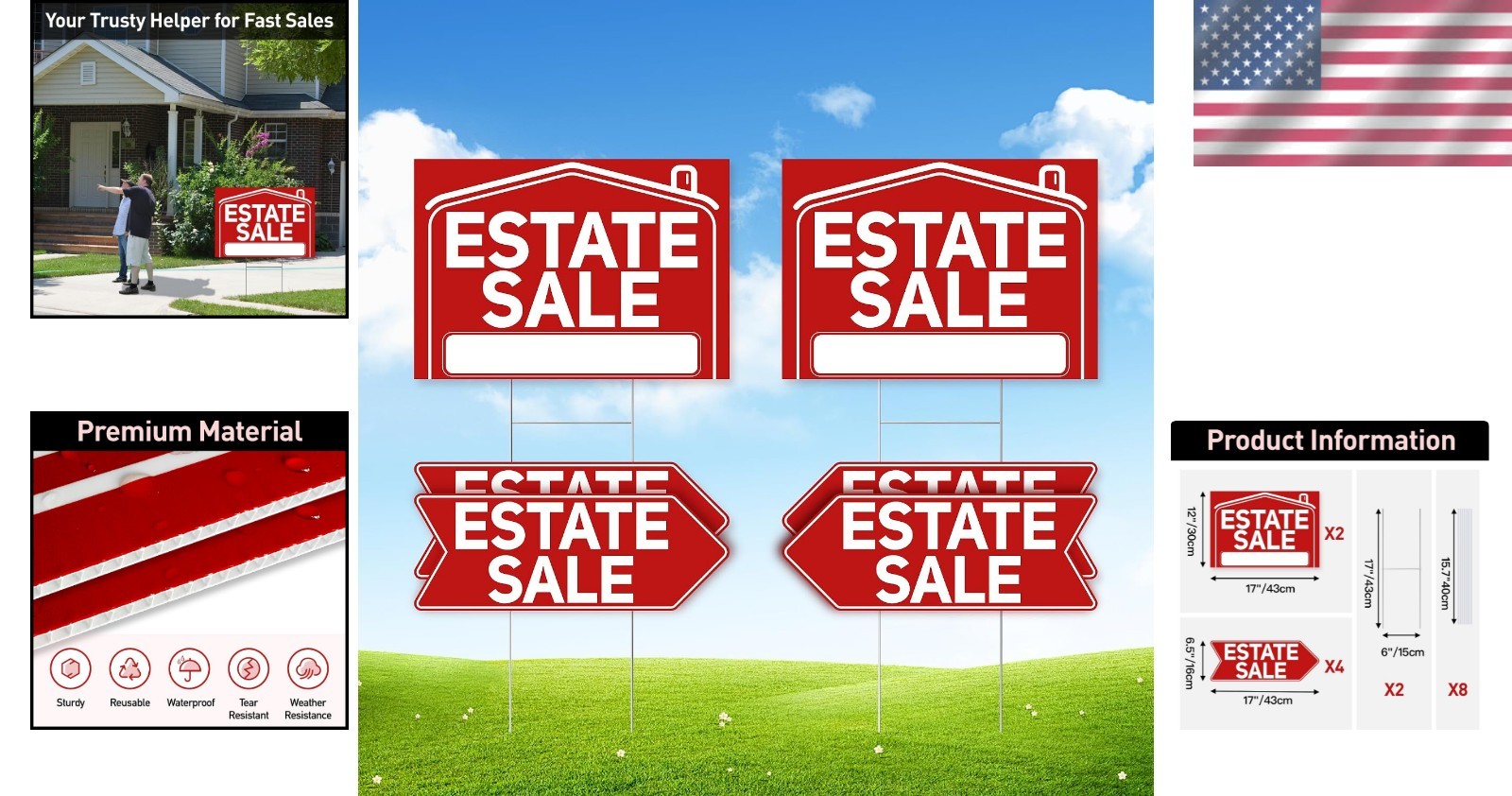 Estate Sale Signs with Stakes Set 6 Waterproof 17×12 and 17×6 Inches Yard Signs