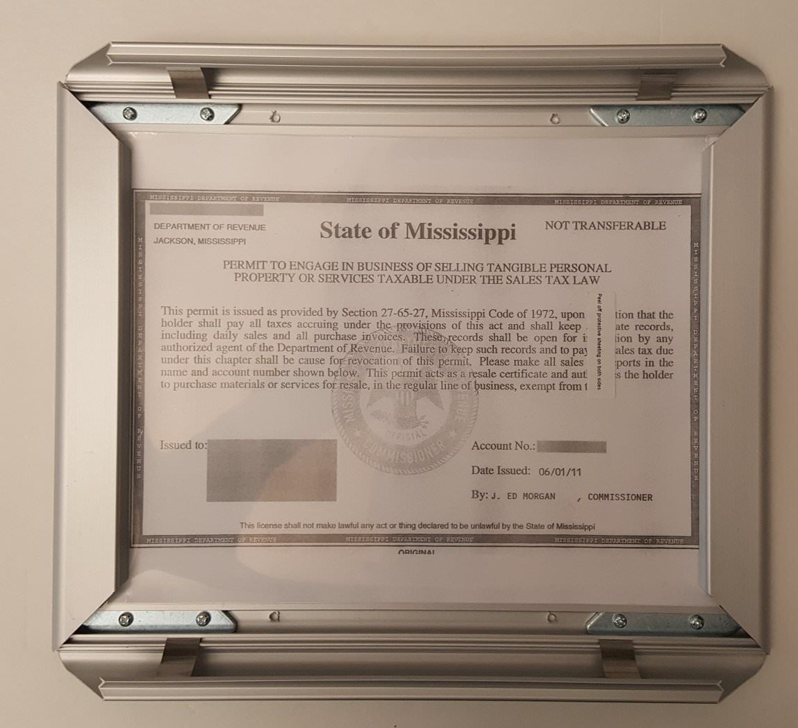 Business License Certificate Frame state of Mississippi 8.5 x 11
