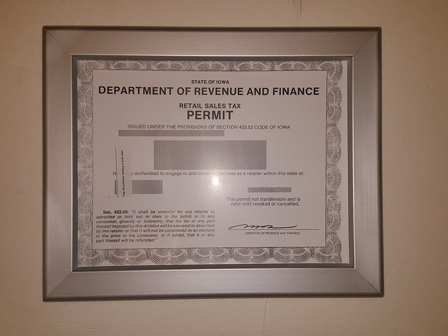 Iowa Permit frame 8.5 x 11 ( Heavy Duty – Aluminum)-REF24-1027