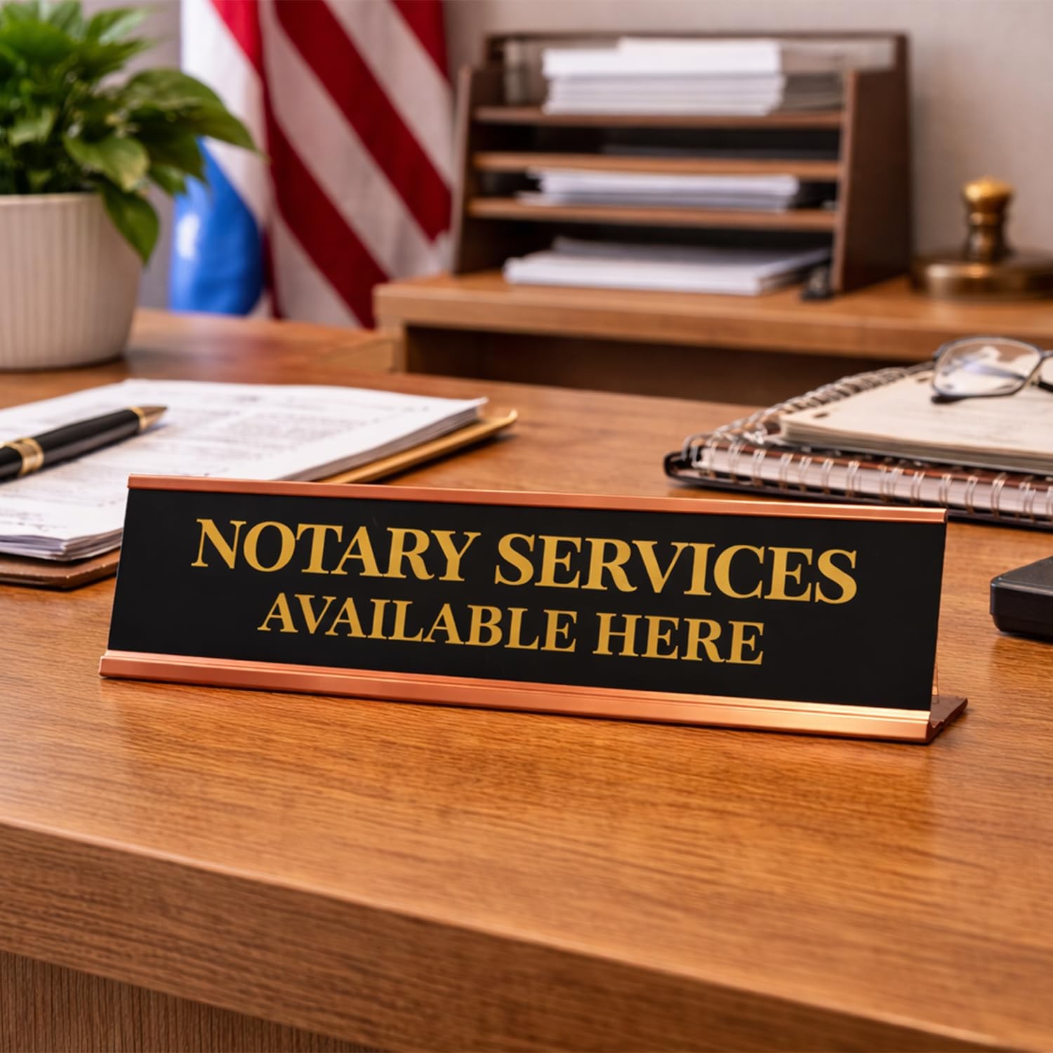 Signs ByLITA Notary Services Available Here Gold Frame Desk Sign (2×8&Prime;)