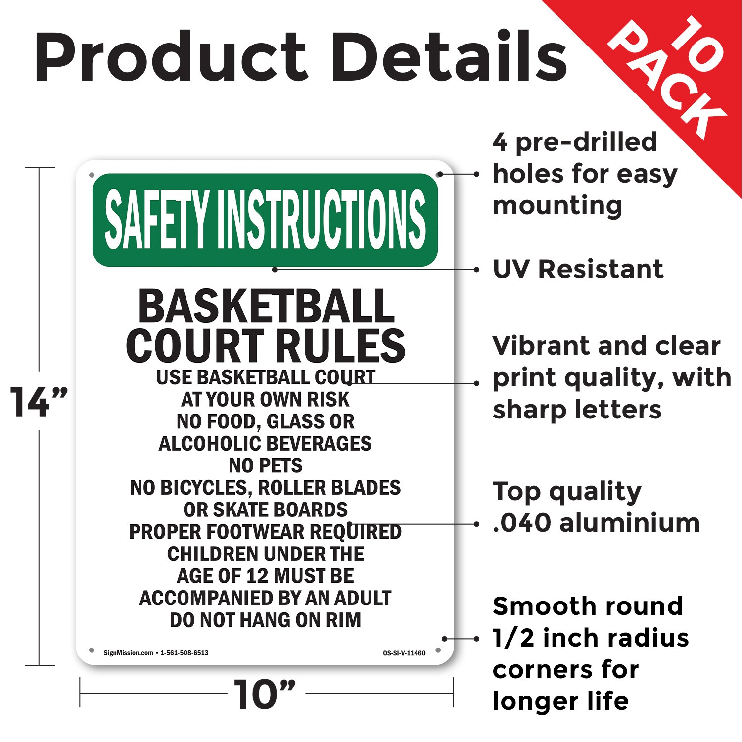 Basketball Court Rules Use Basketball OSHA Safety Instructions Sign 5/10 Pack
