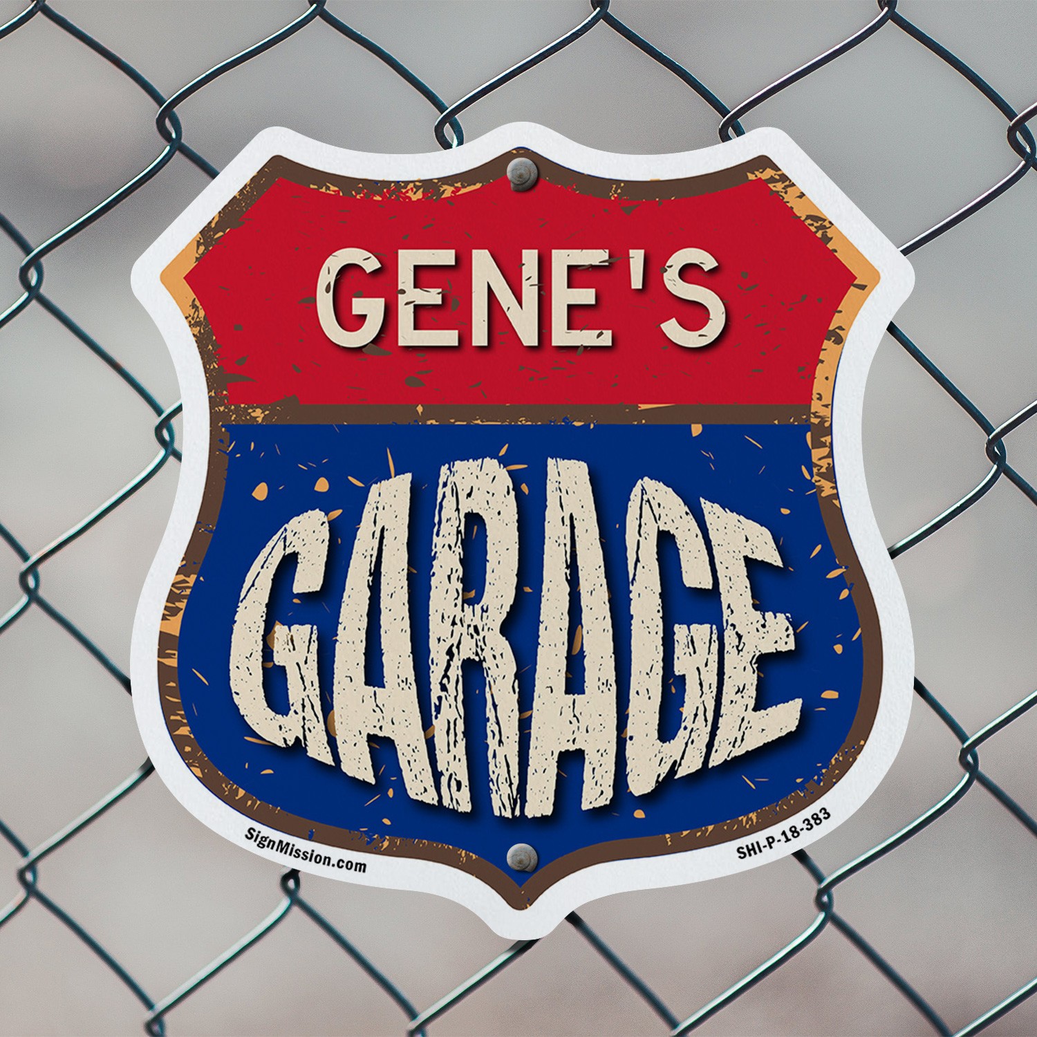 Gene&rsquo;s Garage Shield Shaped Sign Weather Resistant Crafted in the USA