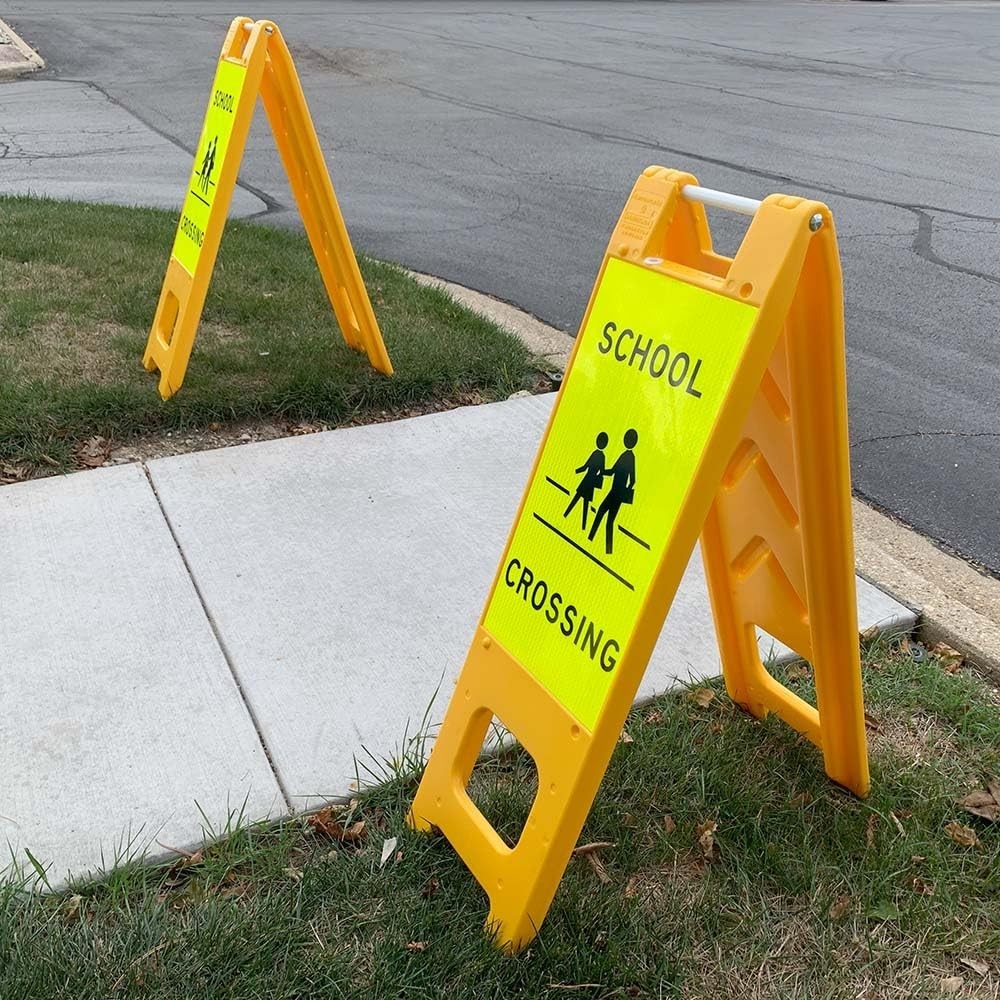 School Crossing Sign Minicade A Frame 36×13 In. Yellow/Green REFLECTIVE 2 Units