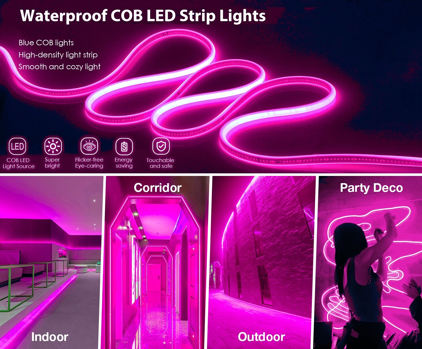 Pink 50&prime; 110V 480leds/m COB LED Light Strip Waterproof IP68 Xmas Hotel Decor US