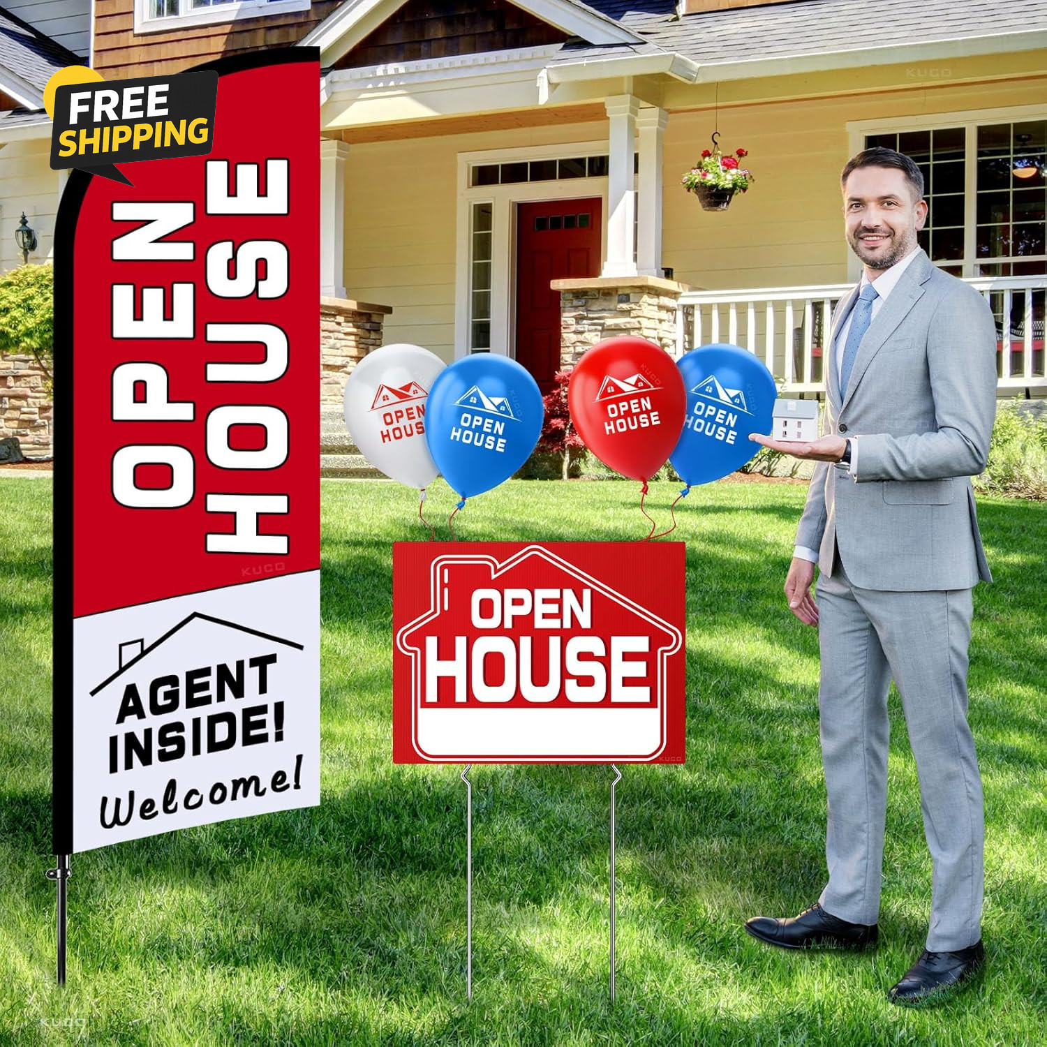 45PCS Open House Signs Kit Flag Arrows Stakes Balloons Real Estate Supplies