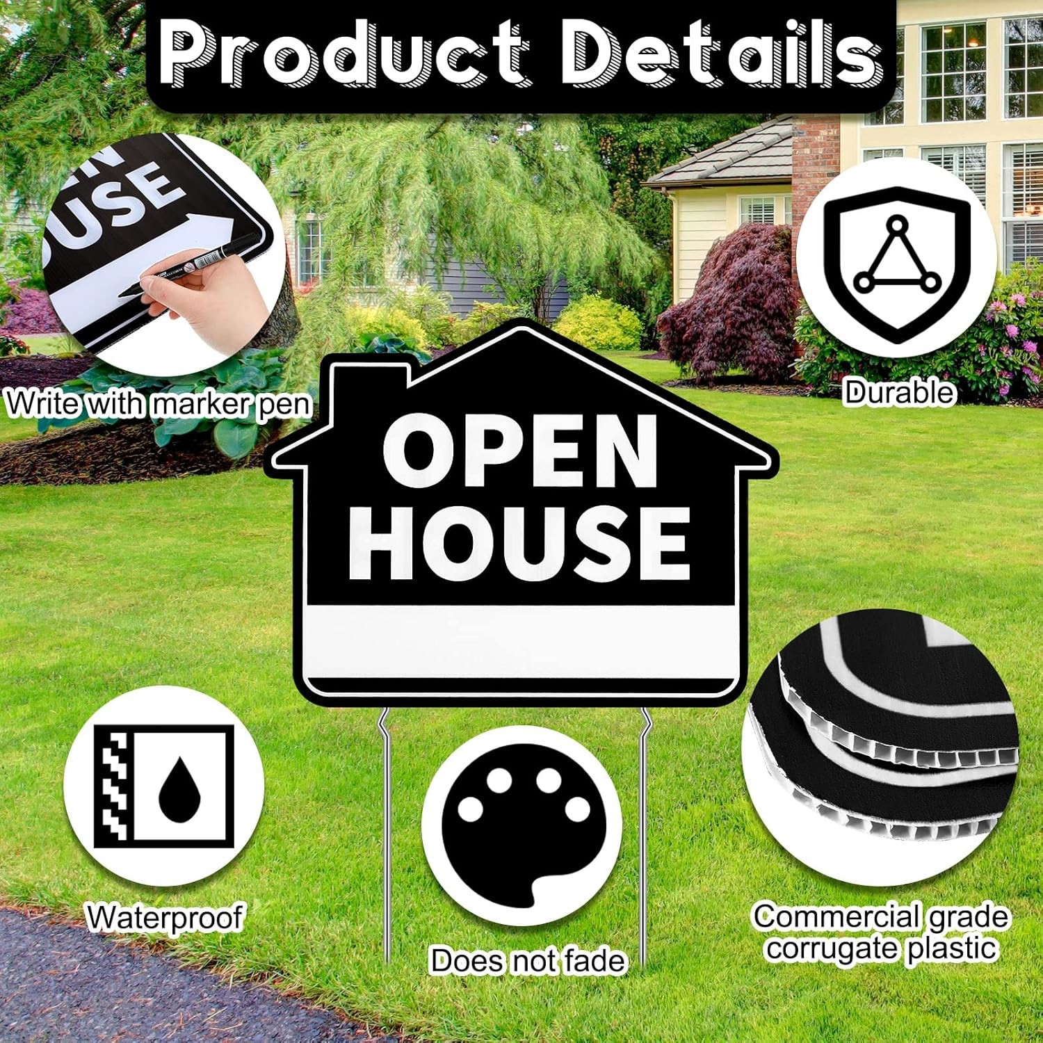 Open House Yard Signs with Metal Stakes for Real Estate 16&Prime; x 12&Prime; Large Black