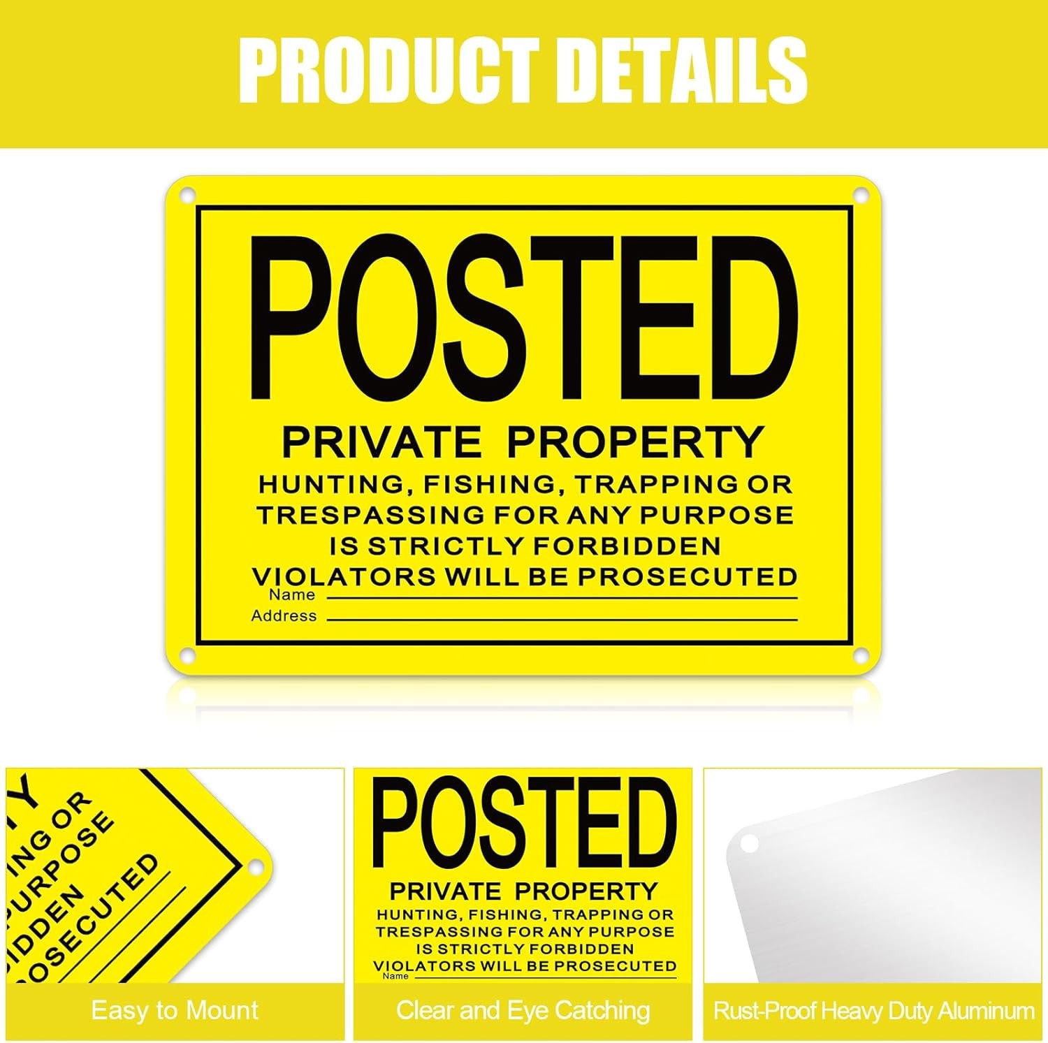 8 PCS No Trespassing Signs 10×7&Prime; Private Property Metal Aluminum Yellow « POSTED »