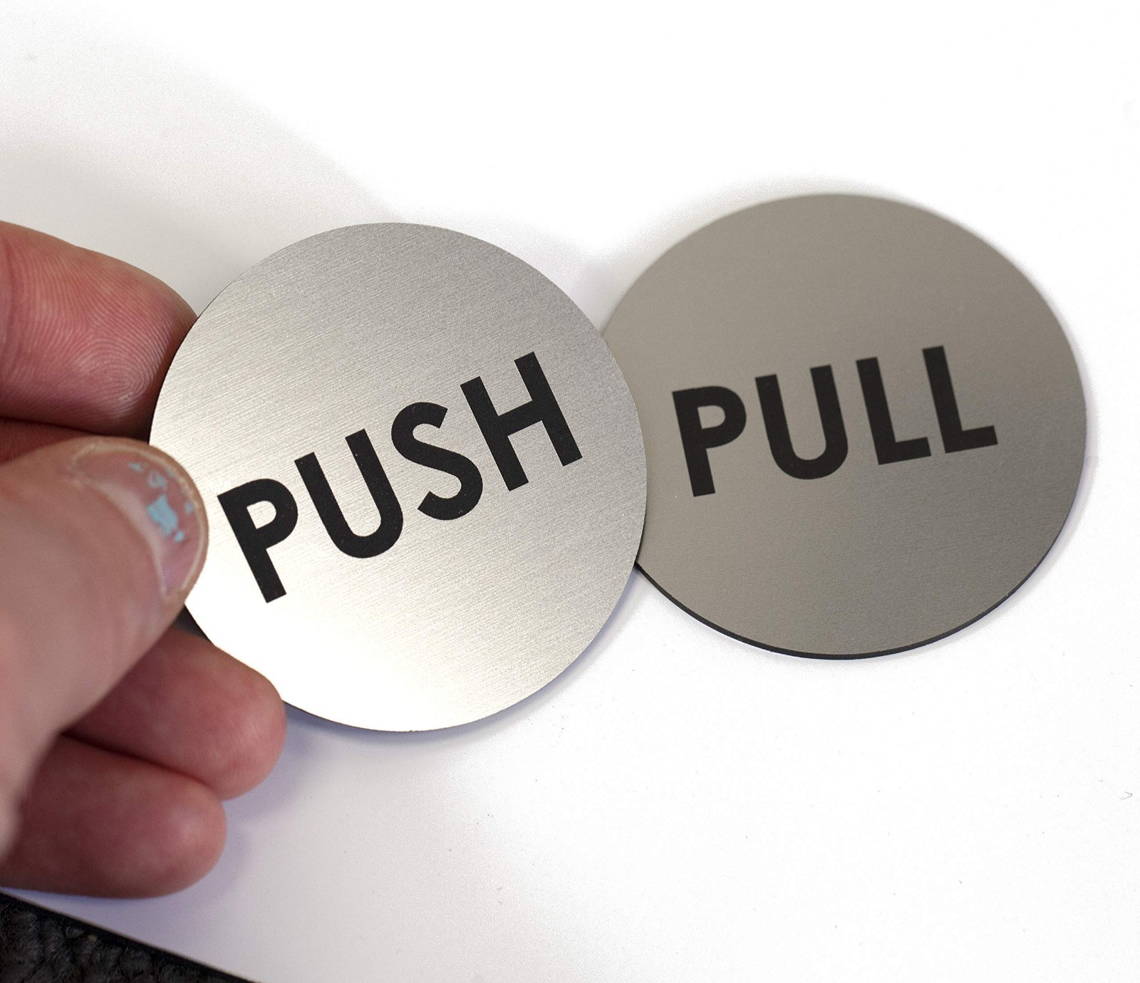 Brushed Silver Push Pull Door Signs – Set of 2, 2&Prime; Round, Laser Engraved, Indoor