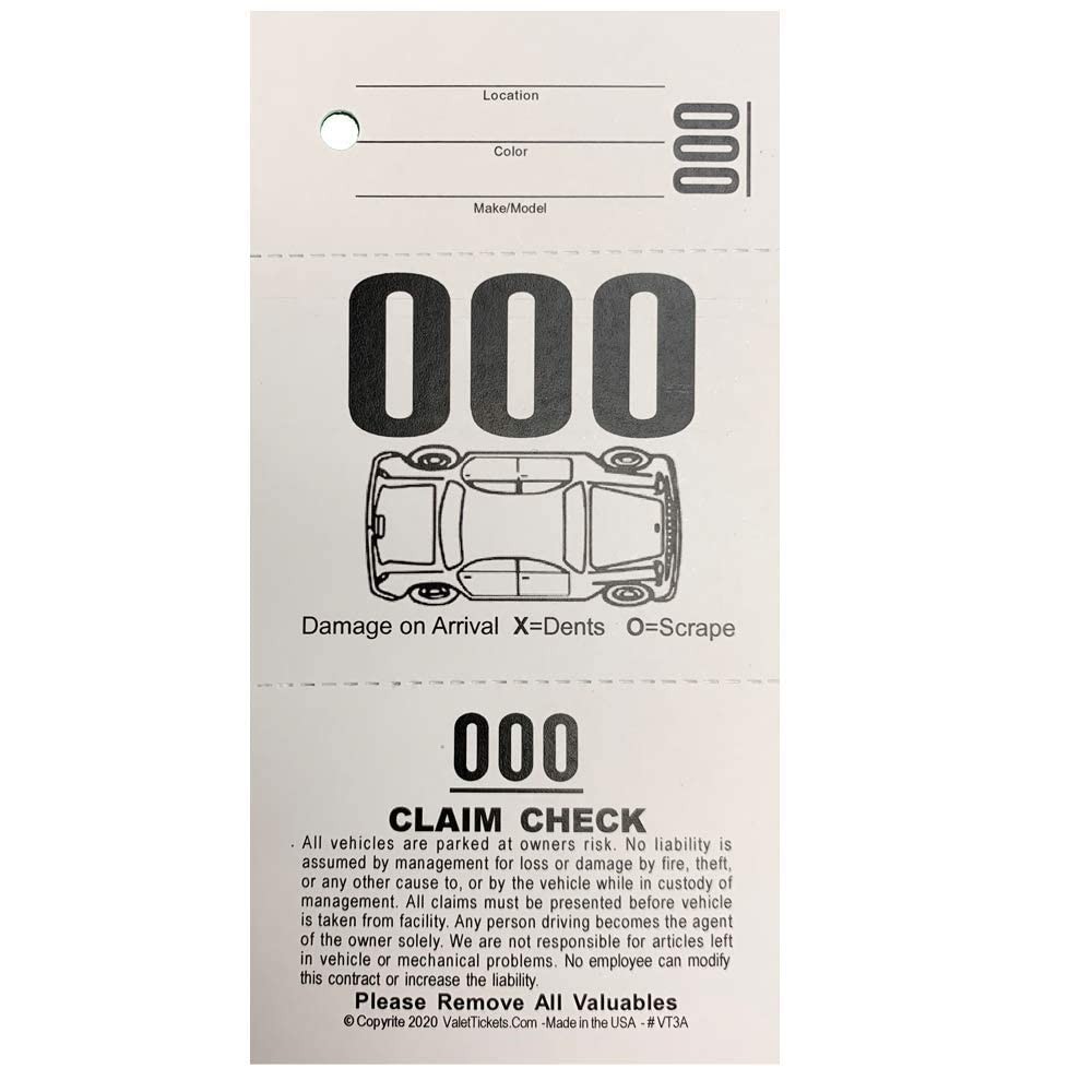 3 Part Valet Parking Tickets (1000 Tickets) on 110lb Card Stock 1000, White