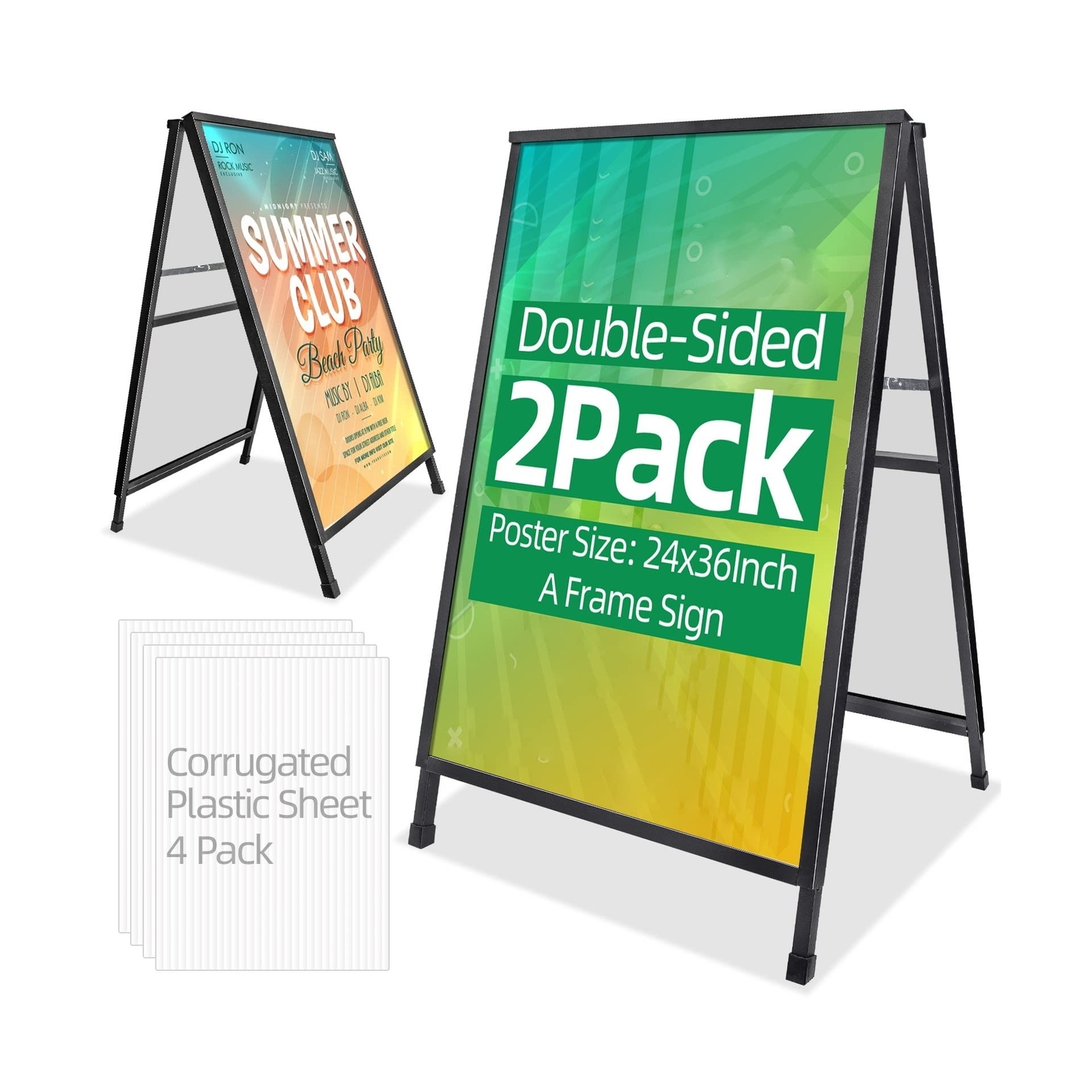 2 Pack Heavy Duty A-Frame Sidewalk Sign 24 x 36 Inch, Portable Double-Sided S…