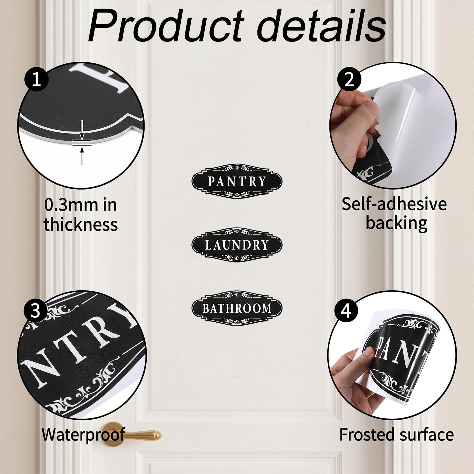 3 Pcs Laundry Room Sign Self-Adhesive Vinyl Door Signs for Bathroom Black