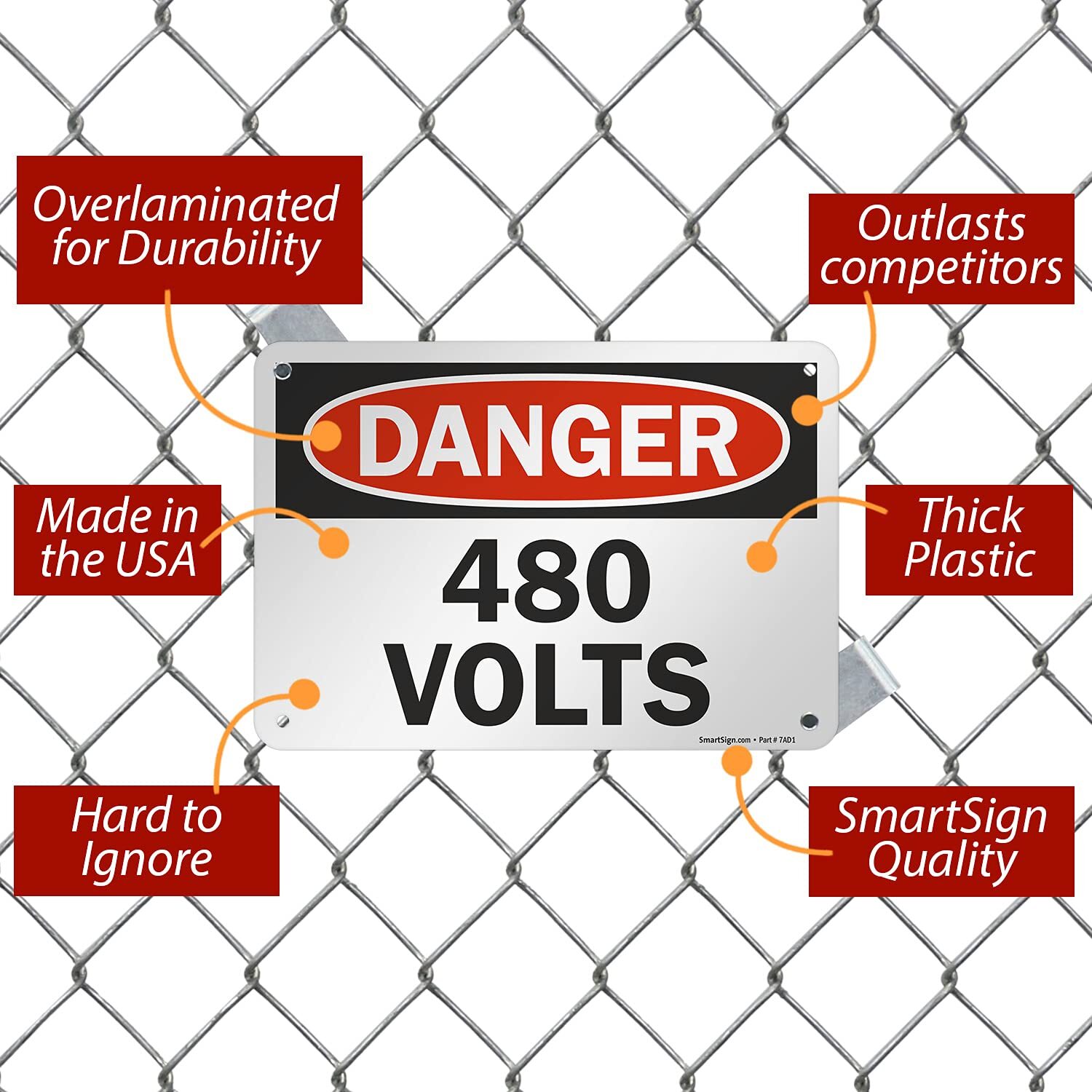 7×10 inch Danger 480 Volts OSHA Sign 55 mil HDPE Plastic with Pre-Cleared Holes