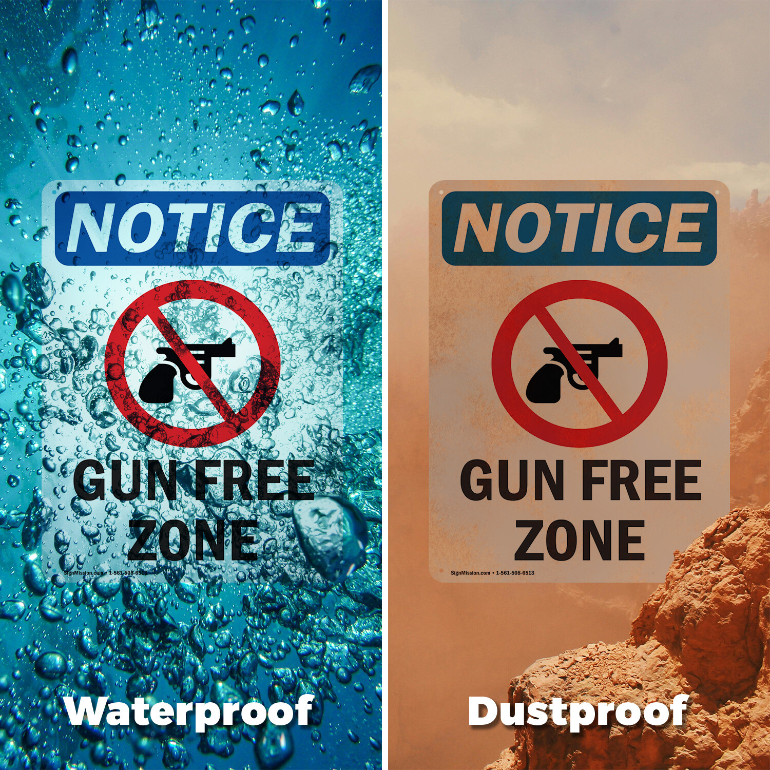 (2 Pack) Gun Free Zone OSHA Notice Sign Decal Metal Plastic