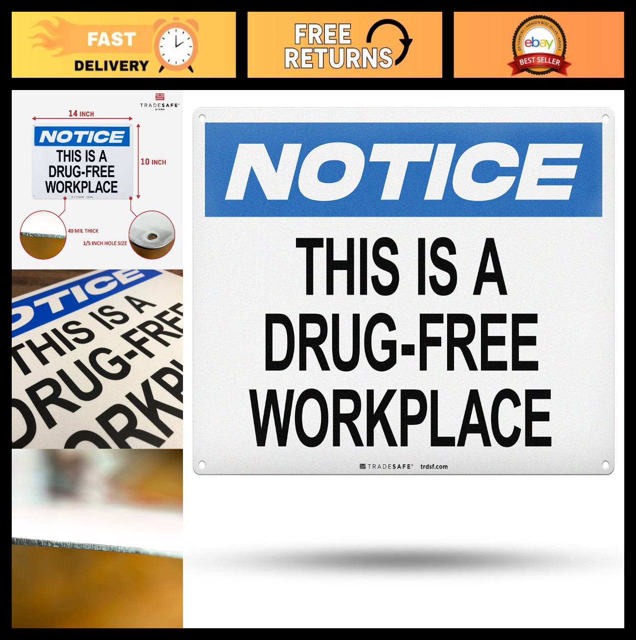 Drug Free Workplace Sign – Aluminum Safety Sign, UV-Resistant, Waterproof, 14” x