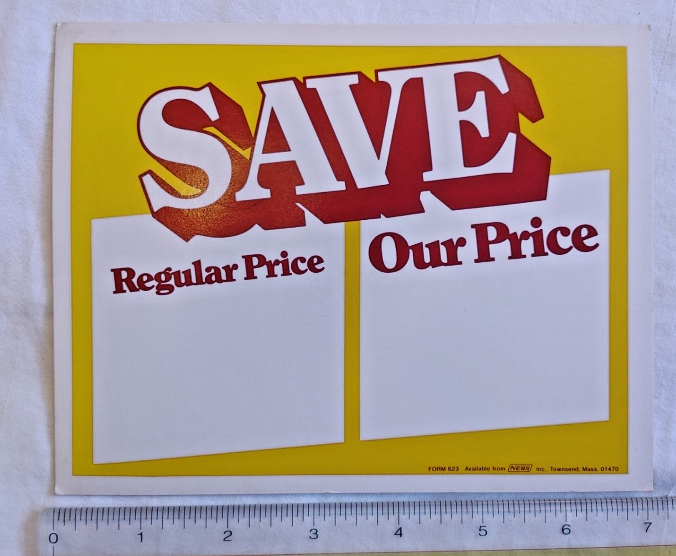 Vintage Save Regular Price Our Price Card NEBS Form #623 Yellow Red 5-1/2&Prime; x 7&Prime;