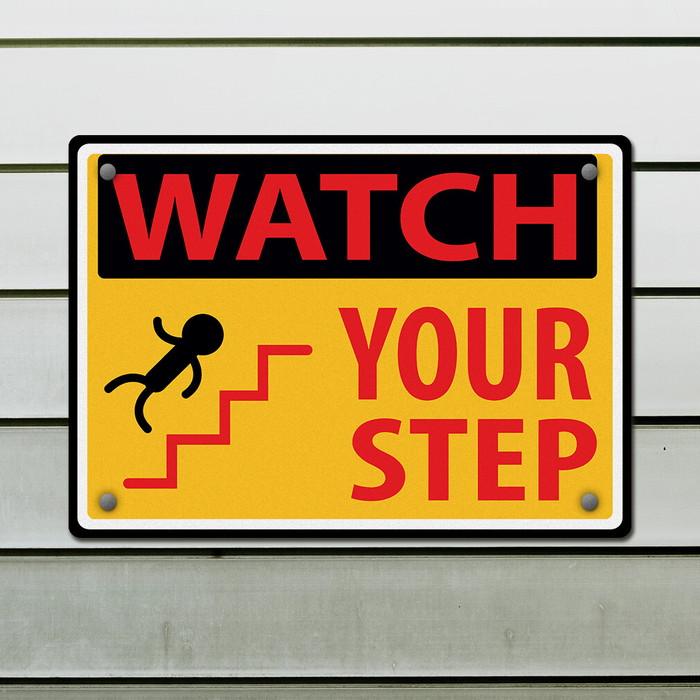 Horizontal Metal Sign Watch Your Step Yellow Weatherproof Street Signage
