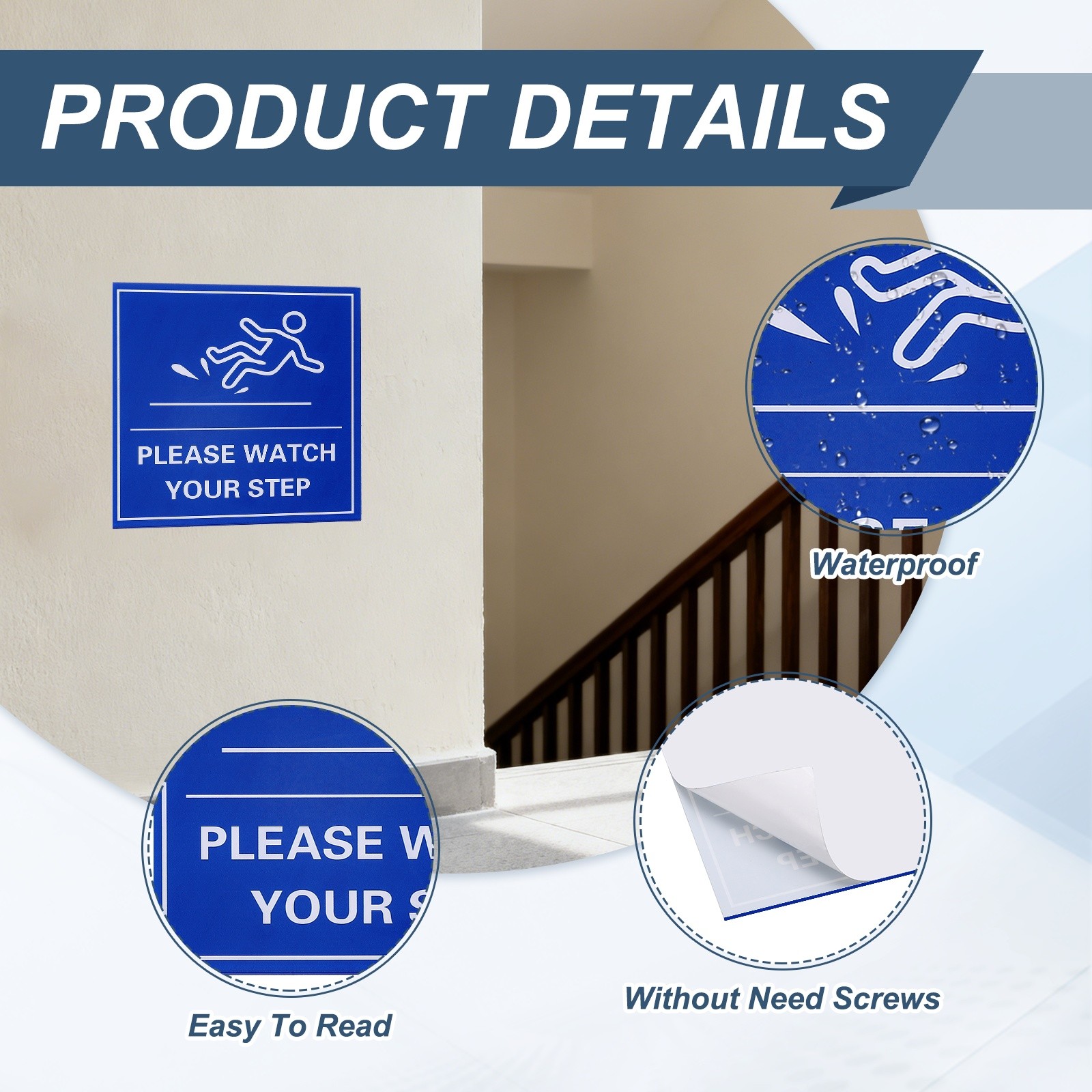 4&Prime; x 4&Prime; Please Watch Your Step Sign, 1 Pcs Warning Sign, Blue with White Text