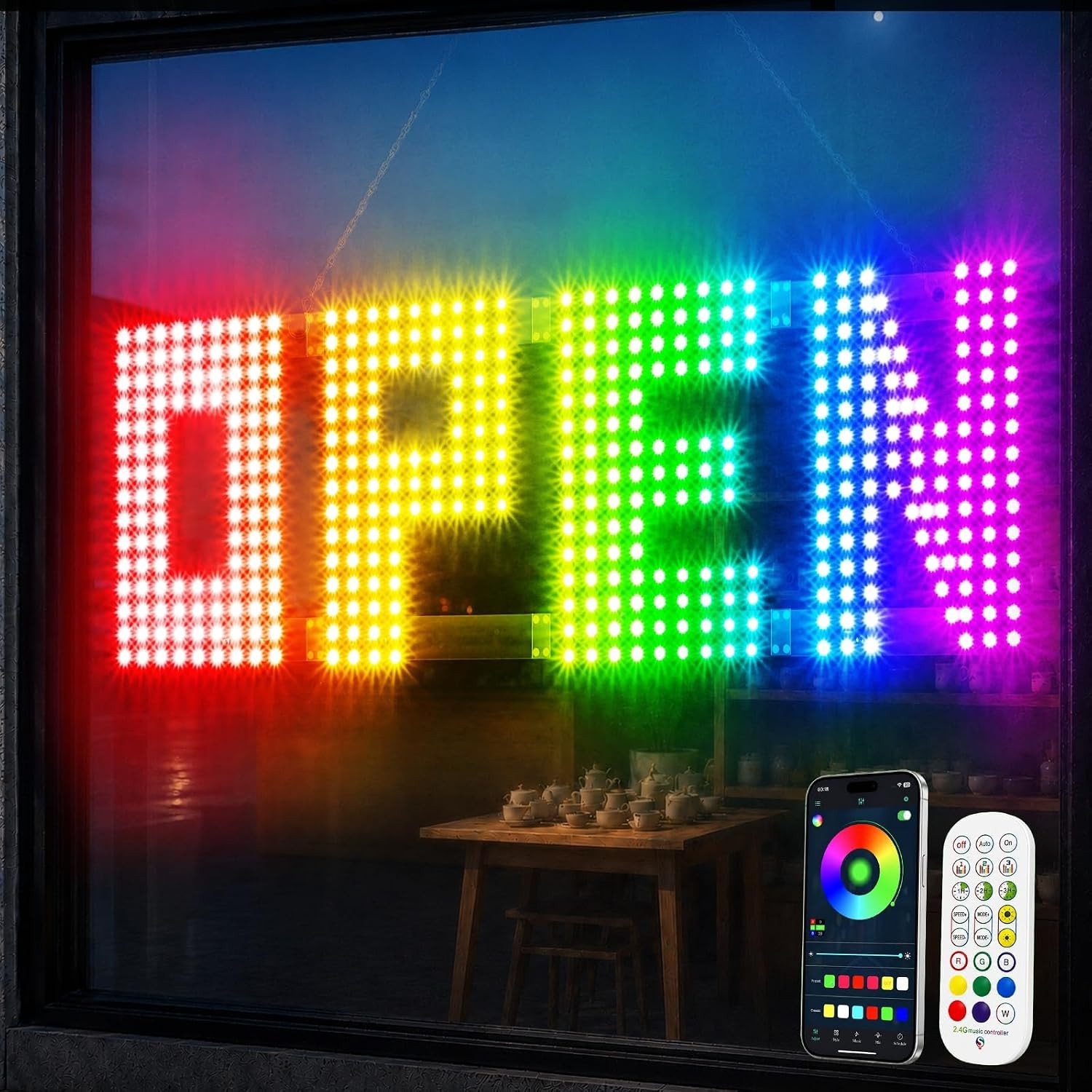 Large 43&Prime; x 14&Prime; RGB LED Open Sign for Business with App & Remote Control