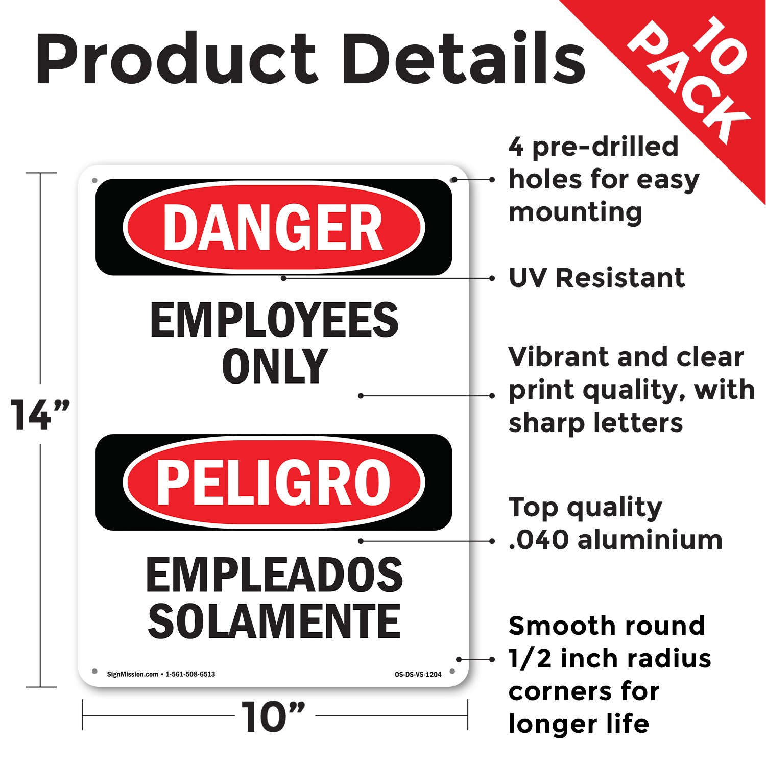 Employees Only Bilingual OSHA Danger Sign Metal, Plastic, Decal – 5 or 10 Pack